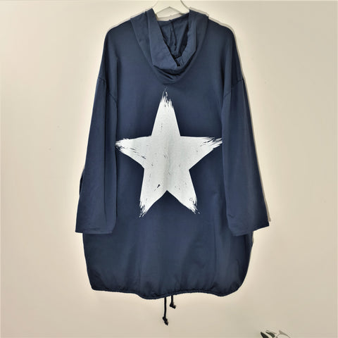 Italian Navy Long Length Brush Stroke Star Motif Zip Up Hoodie
