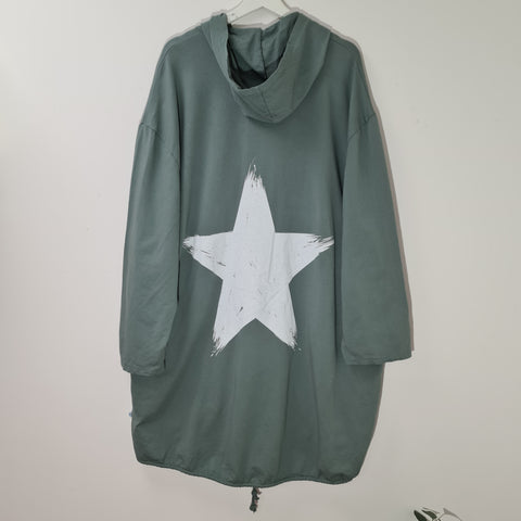 Italian Teal Long Length Brush Stroke Star Motif Zip Up Hoodie