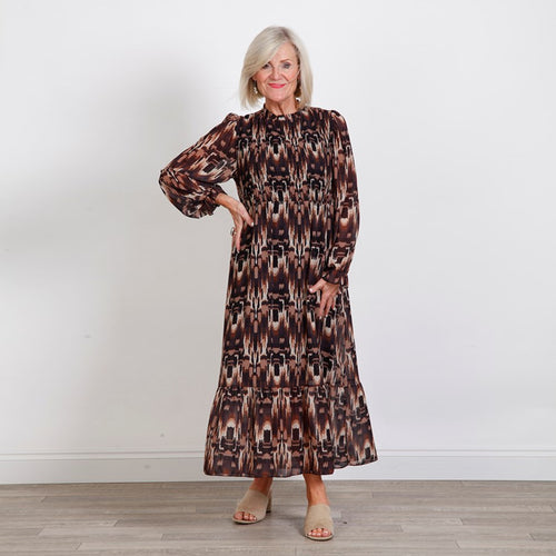 Goose Island Chocolate Rouch Block Print Long Sleeve Dress