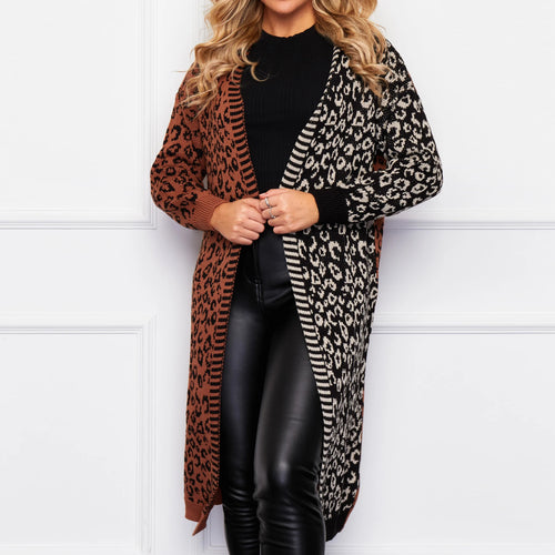 Girl In Mind Brown & Black Quinn Mixed Print Long Cardigan