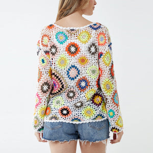 Italian Multicolour Crochet Knit Round Neck Jumper