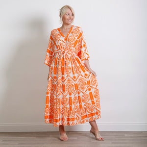 Goose Island Orange Tie Bust Flower Print Maxi Dress