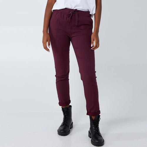 Italian Aubergine Tie Front Plain Magic Stretch 2 Pocket Trousers