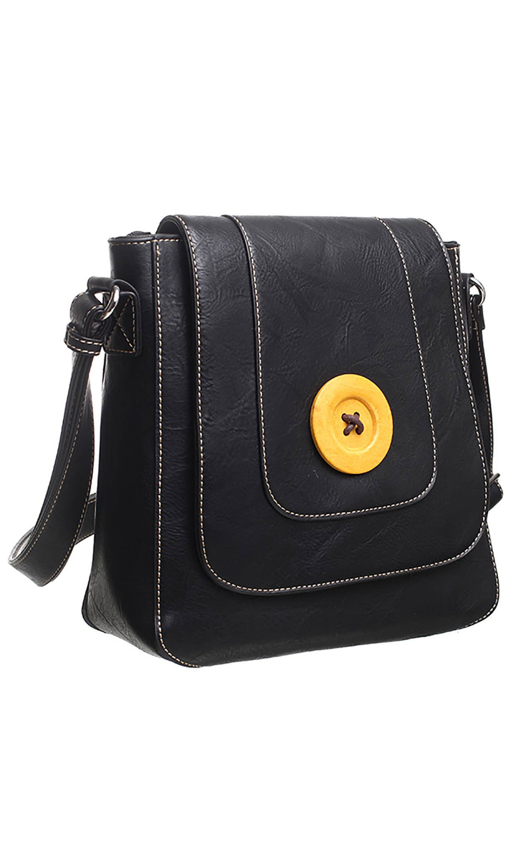 CLASSIC FLAP OVER WOODEN BUTTON CROSS BODY BAG BLACK