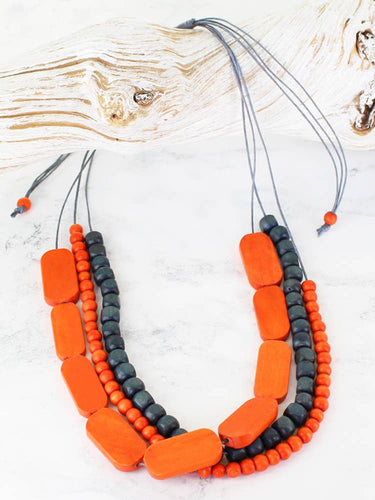 BB6303OR 3-STRAND WOODEN BEAD NECKLACE