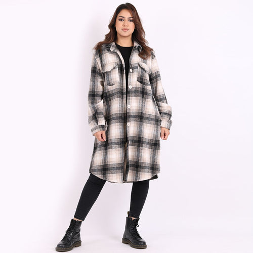 Italian Beige Plaid Print Oversized Ladies Cotton Lagenlook Shacket