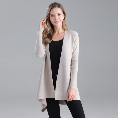 Italian Beige Waterfall Open Front Ribbed Cardigan