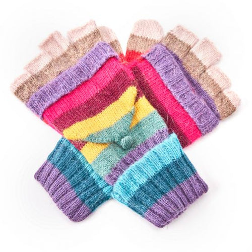 Beige Thick Stripe Mitten Gloves