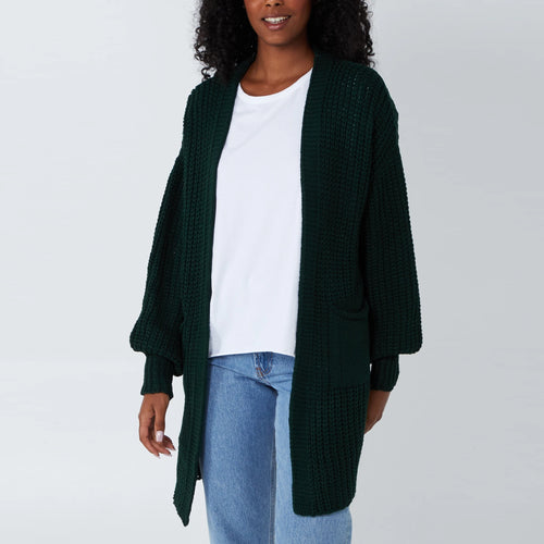 Italian Bottle Green Edge To Edge Mid Length 3 Gauge Knitted Cardigan