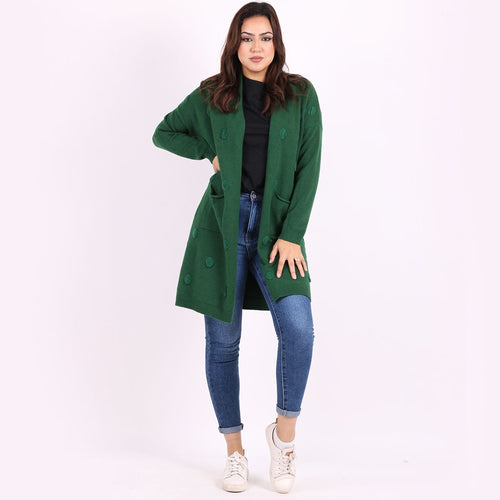Italian Bottle Green Polka Dots Open Front Knitted Lagenlook Drape Cardigan