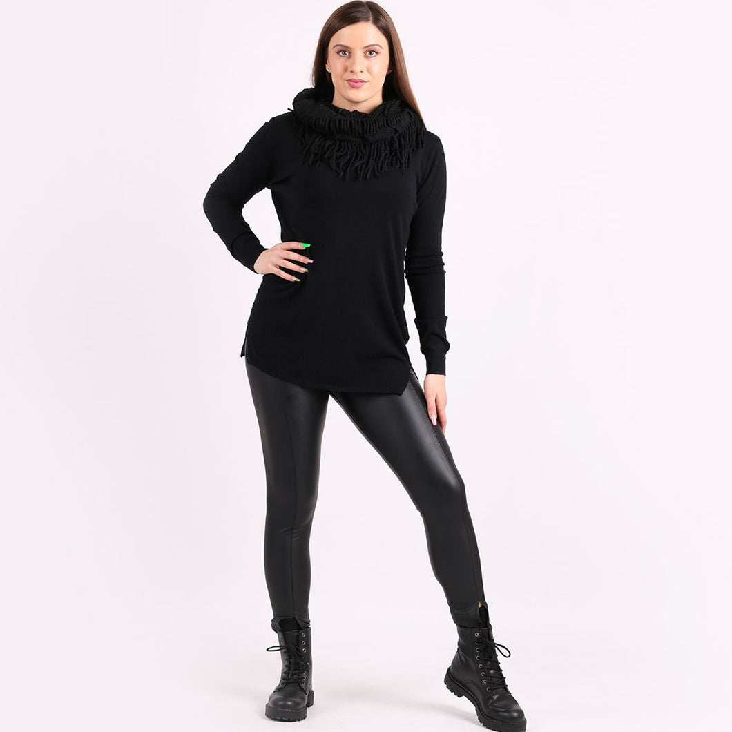 Italian Black Ribbed Sides & Buttons Knitted Scarf Lagenlook Jumper