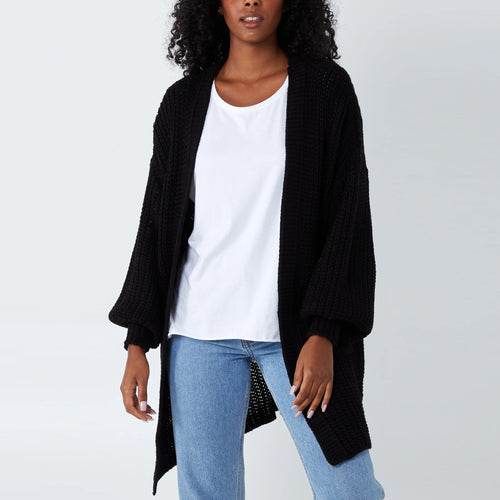 Italian Black Edge To Edge Mid Length 3 Gauge Knitted Cardigan