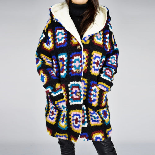 Italian Black Teddy Lined Aztec Wool Coat