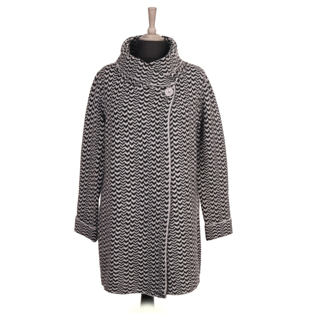 Italian Black Zig Zag Pattern Wool Mix Wrap Over Knitted Coat