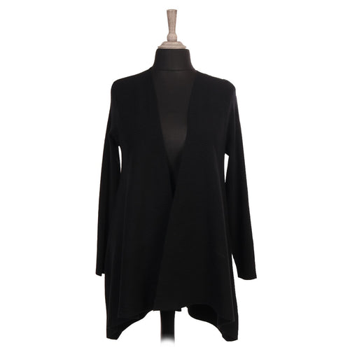 Italian Black Waterfall Open Front Ribbed Cardigan