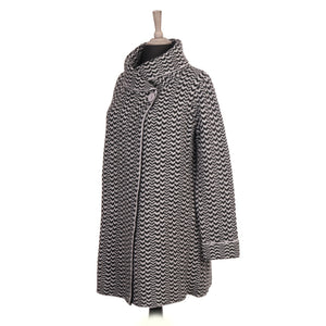 Italian Black Zig Zag Pattern Wool Mix Wrap Over Knitted Coat