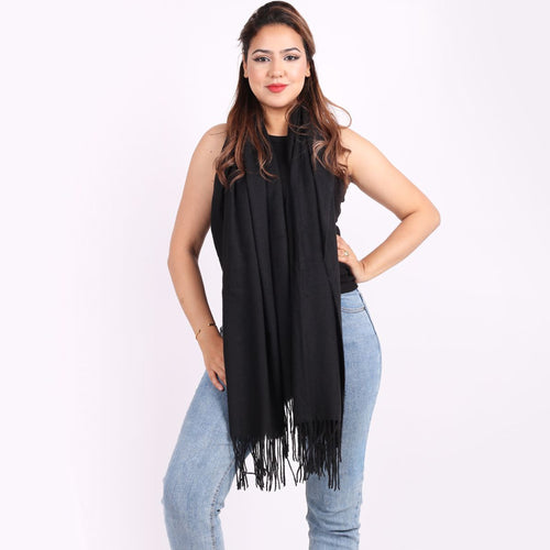Italian Black Plain Braided Tassels Lana Wool Scarf