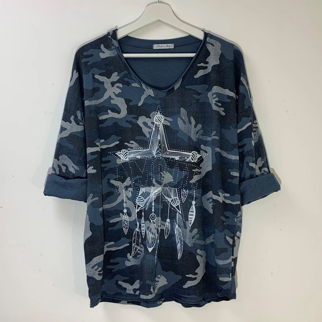 Italian Blue Camo Print Top With Dreamcatcher Amour Crystal Motif