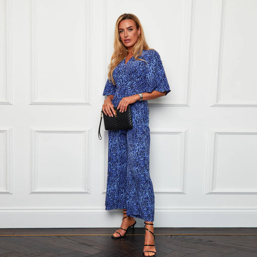 Girl In Mind Blue Animal Freya Wrap Detail Culotte Jumpsuit