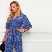Load image into Gallery viewer, Girl In Mind Blue Animal Freya Wrap Detail Culotte Jumpsuit