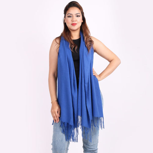 Italian Royal Blue Plain Braided Tassels Lana Wool Scarf