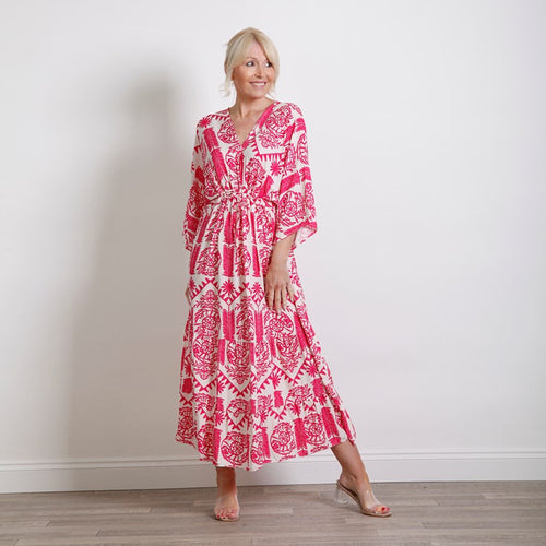 Goose Island Fuchsia Tie Bust Flower Print Maxi Dress