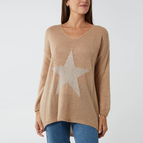 Italian Camel V-Neck Metallic Star Knit Jumper