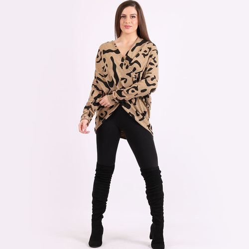 Italian Camel Leopard Print Cowl Neck Twisted Cross Over Lagenlook Top