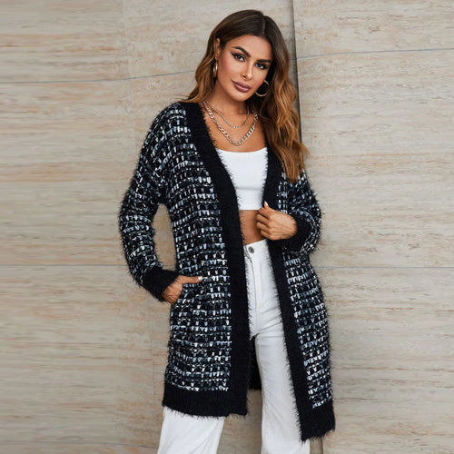 Black Boucle Check One Size Cardigan In White Multicolour Speckles