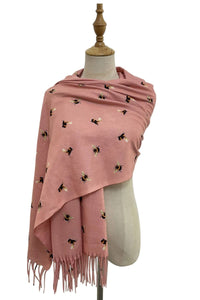 Bumble Bee Print Tassel Scarf: Pink