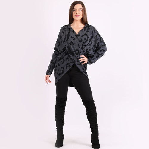 Italian Charcoal Leopard Print Cowl Neck Twisted Cross Over Lagenlook Top
