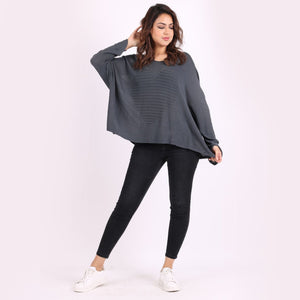 Italian Charcoal V-Neck Heart Pattern Oversized Lagenlook Knitted Jumper