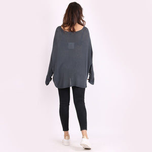 Italian Charcoal V-Neck Heart Pattern Oversized Lagenlook Knitted Jumper