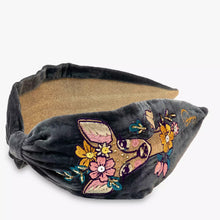 Load image into Gallery viewer, Powder Charcoal Velvet Embroidered Floral Doe Headband