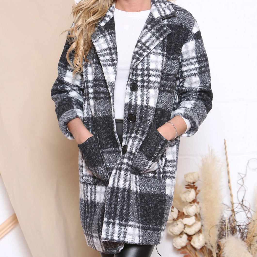 Italian Black & White Checked Boiled Wool Double Breasted Coat