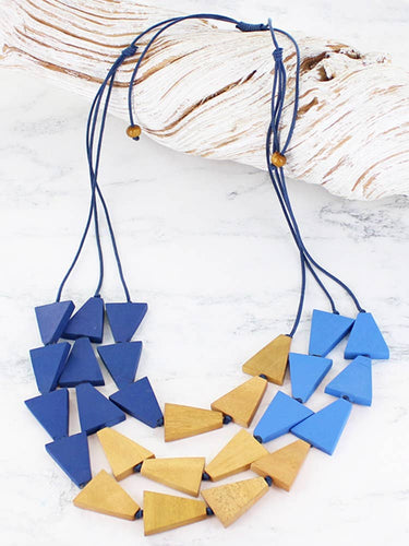 JP1311BLU TRIPLE STRAND WOODEN TRIANGLE NECKLACE