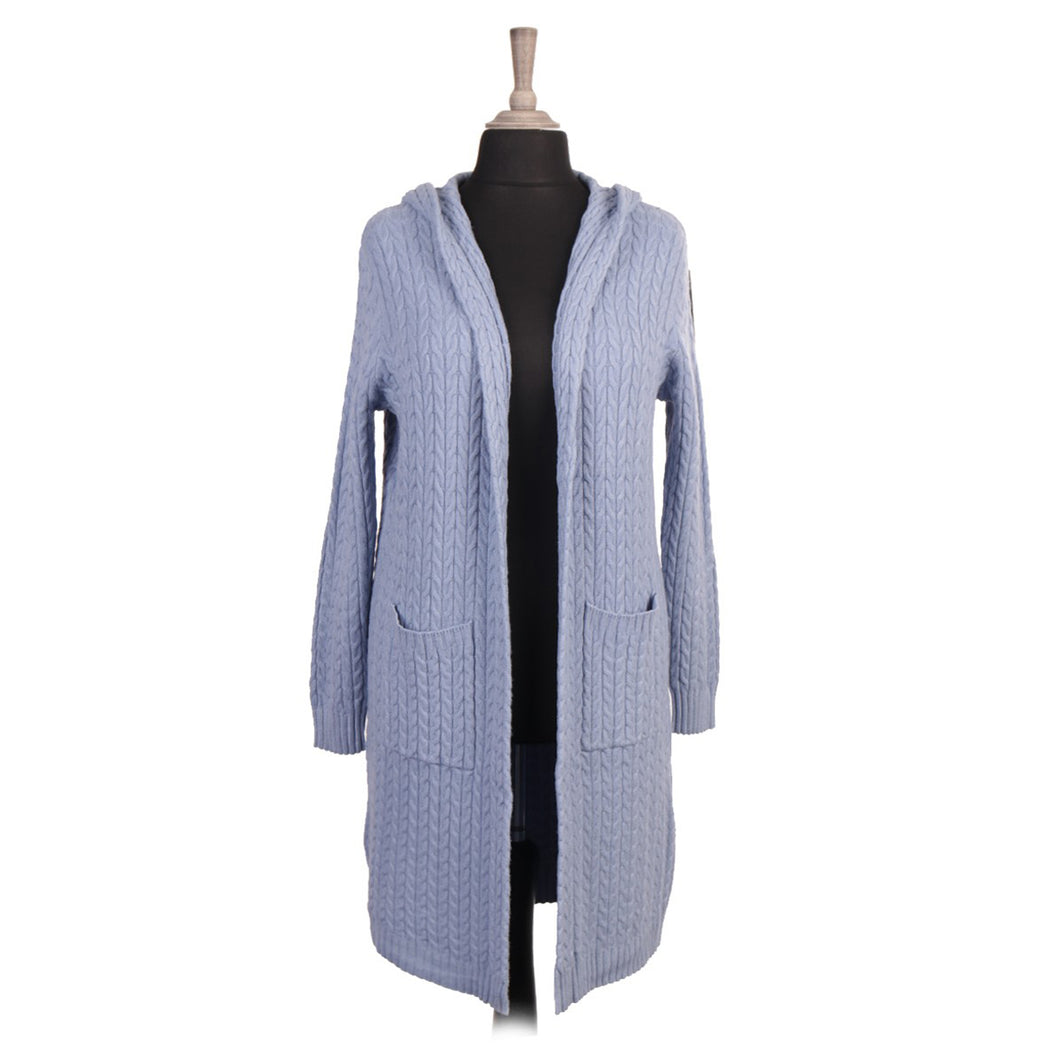 Italian Denim Cable Knitted Hooded Cardigan