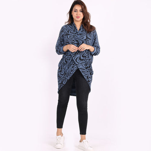 Italian Denim Tiger Print Cowl Neck Trendy Cross Over Lagenlook Top