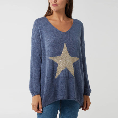 Italian Denim V-Neck Metallic Star Knit Jumper
