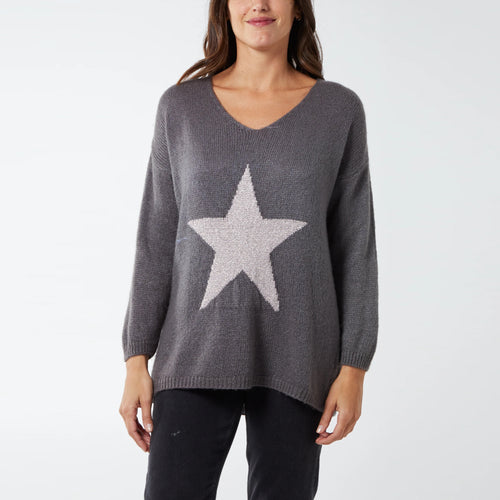 Italian Dark Grey V-Neck Metallic Star Knit Jumper