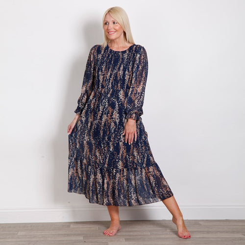 Goose Island Navy Rouch Ditsy Print Long Sleeve Dress