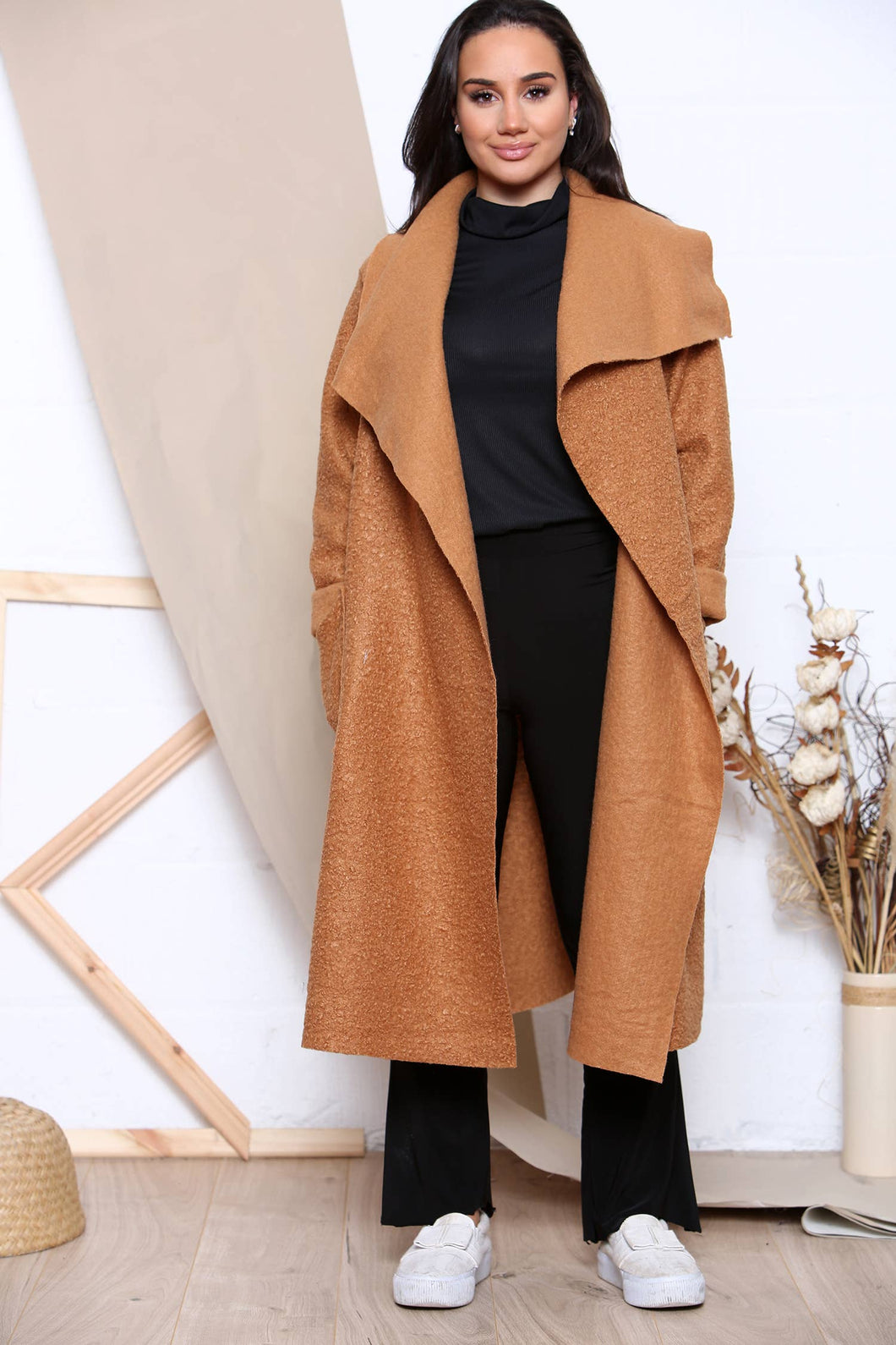 long sleeve open winter coat: Brown