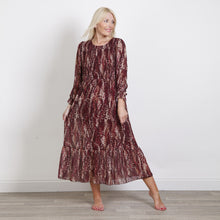 Load image into Gallery viewer, Goose Island Plum Rouche Ditsy Print Long Sleeve Dress