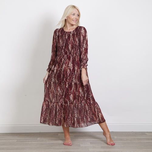 Goose Island Plum Rouche Ditsy Print Long Sleeve Dress