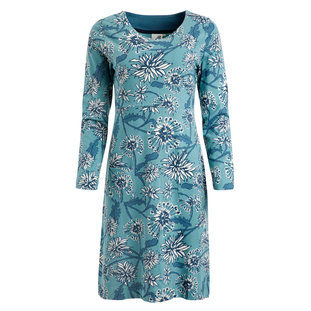 Weird Fish Teal Blue Delray Organic Cotton Long Sleeve Printed Jersey Dress