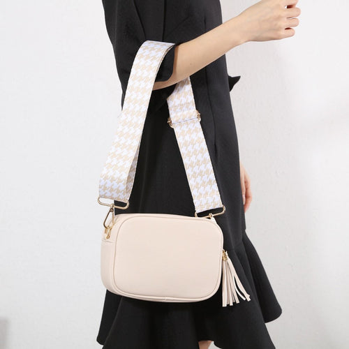 Beige Tassel Box Bag With Funky Strap