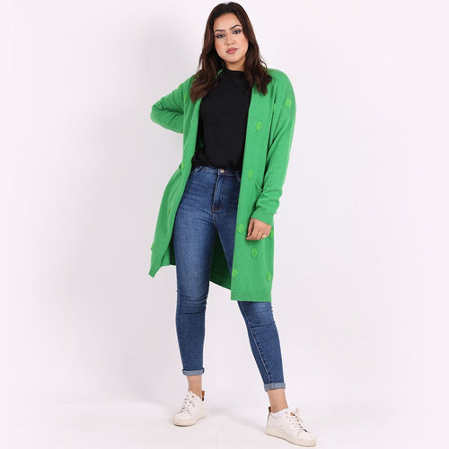 Italian Green Polka Dots Open Front Knitted Lagenlook Drape Cardigan