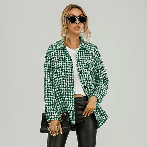 Houndstooth Green Oversized One Size Pocket Detail Shacket