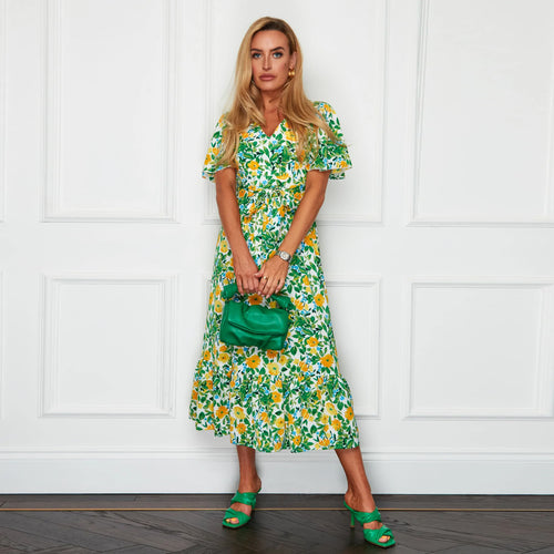 Girl In Mind Green Gianna Angel Sleeve Tiered Floral Midi Dress