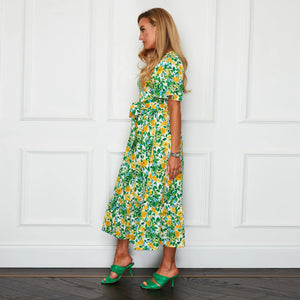 Girl In Mind Green Gianna Angel Sleeve Tiered Floral Midi Dress